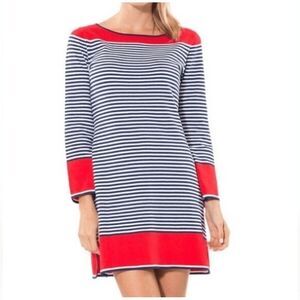 Sail to Sable Navy Red Striped Long Sleeve Knit Cotton Blend Mini Dress Size L
